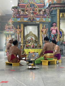 Priests conduct a homam or fire ritual at the Sri Selva Vinayakar Koyil, 2021.