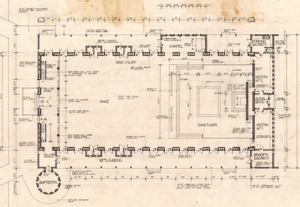 Figure 11: St Monica's War Memorial Catholic Cathedral, Cairns (1968), by A. Ian Ferrier. The redocumented and built design, floor plan, 1966 drawing (Ferrier Baudet Archive, courtesy of Catherine Baudet).