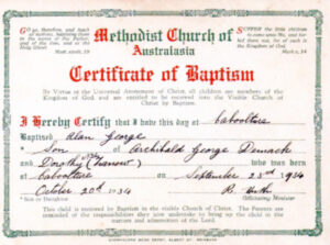 Figure 1: Alan Demack Certificate of Baptism, 1934 (Demack family).