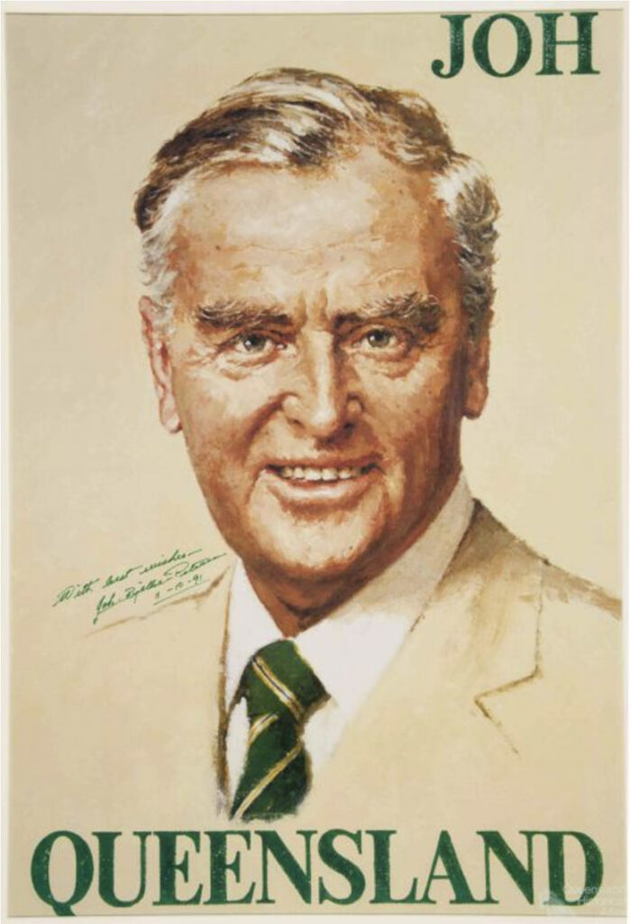 Figure 5: Queensland Premier Joh Bjelke-Petersen, featured in a 1983 National Party election poster (Queensland Historical Atlas).