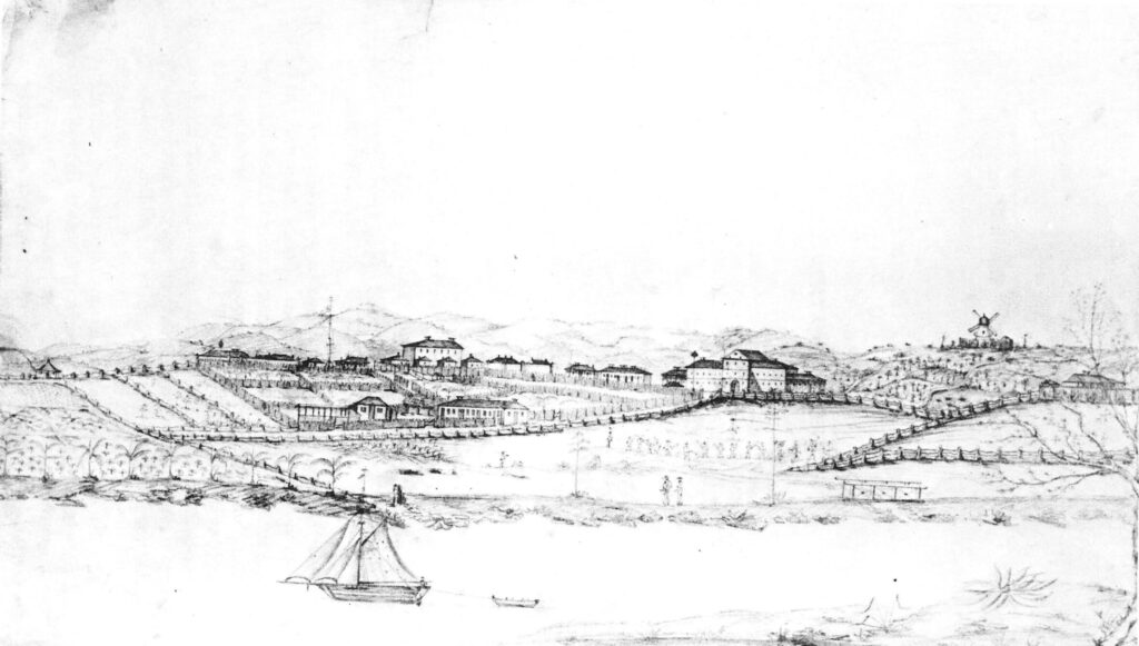 Figure 3: Brisbane Town pencil sketch 1835, view from Kangaroo Point (National Library of Australia).